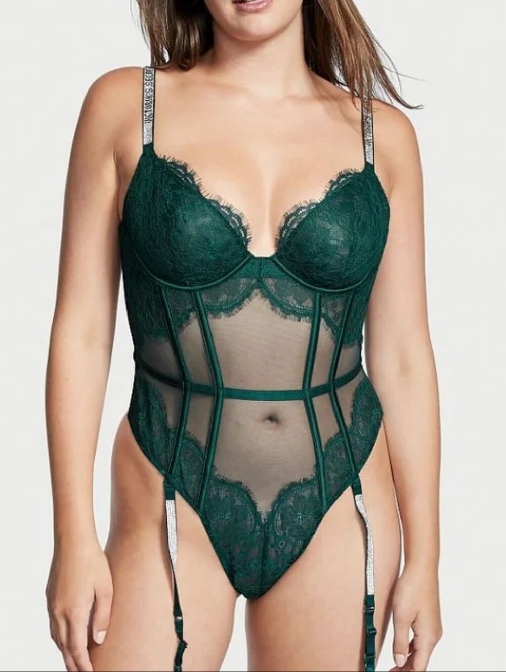 Victoria's Secret Green Shine Strap Lace Teddy With Garter Small